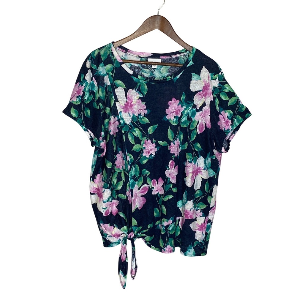 J Jill Love Linen Top Womens XL Floral Tie Front Short Sleeve Boho Cottagecore